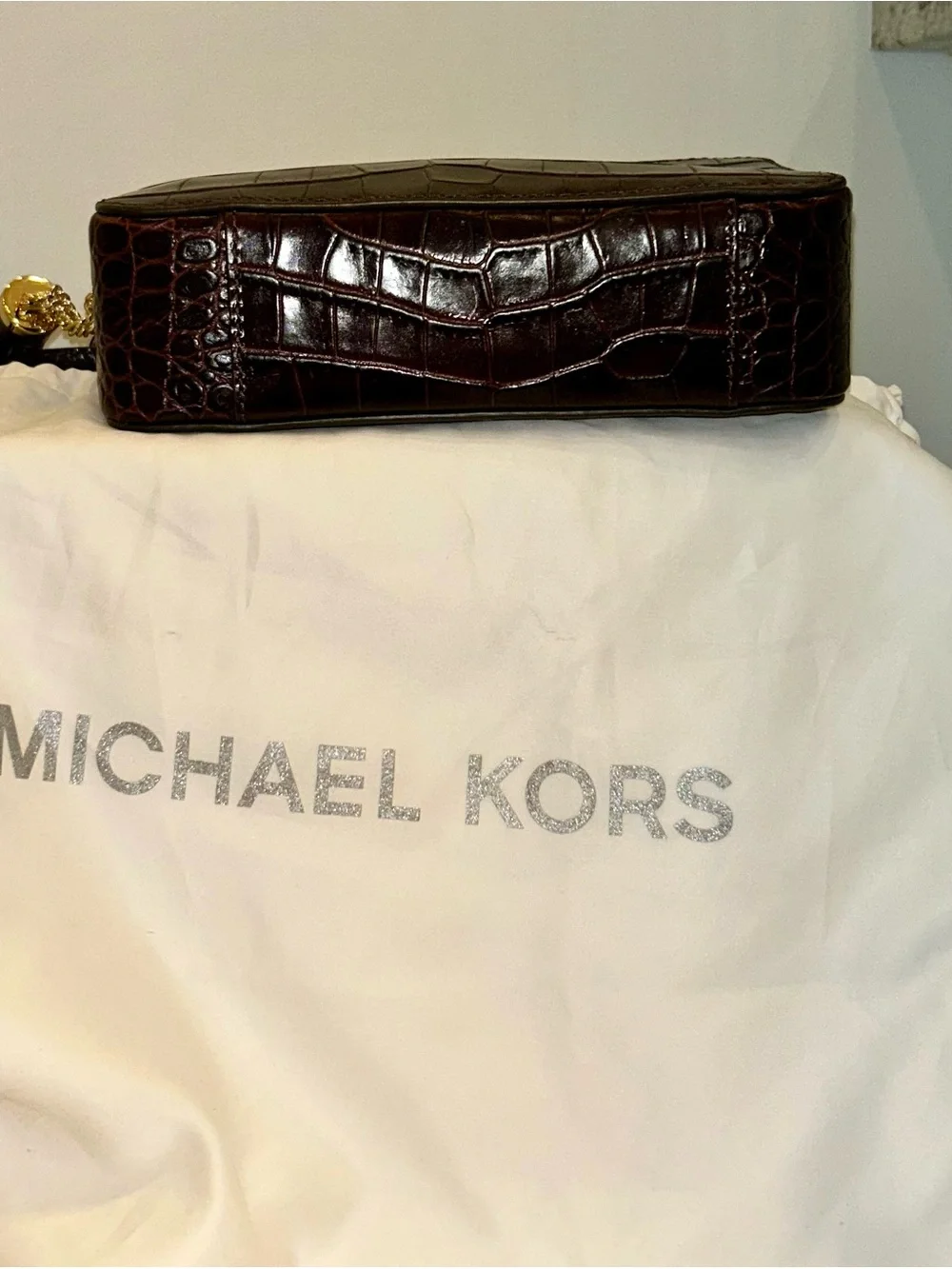 Michael Kors Croc-Embossed Leather Crossbody in Deep Brown with Gold Hardware